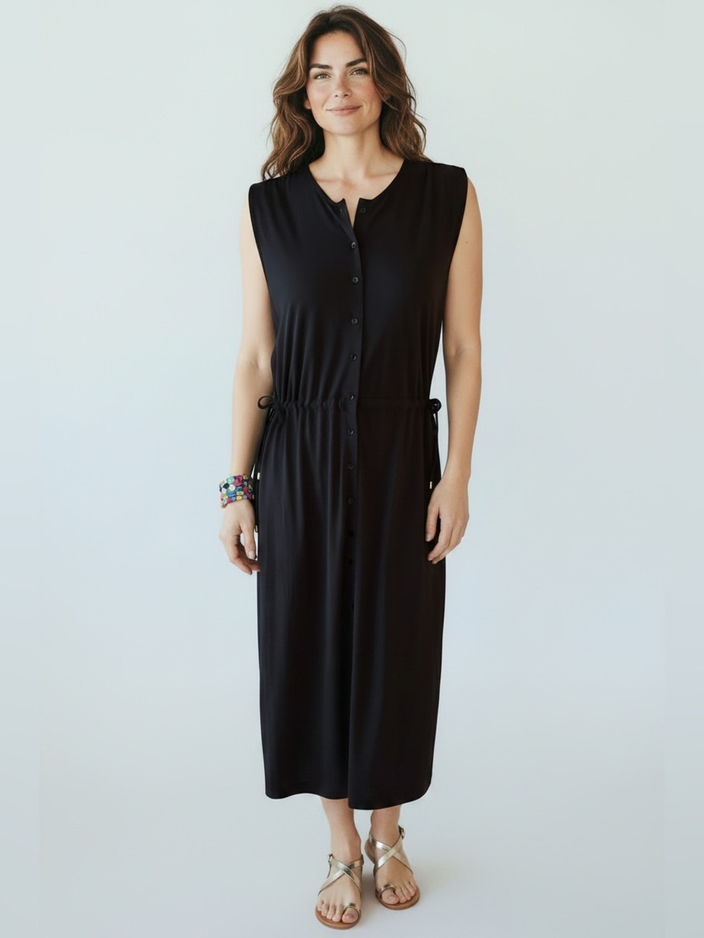 Masai Ocilla Sleeveless Black Midi Button-Front Drawstring Dress, Medium